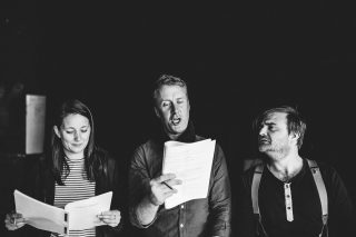 Hannah Stephens, Benjamin Dyson and Dan Richards in rehearsal for A Perfect World by Miracle Theatre May 2019